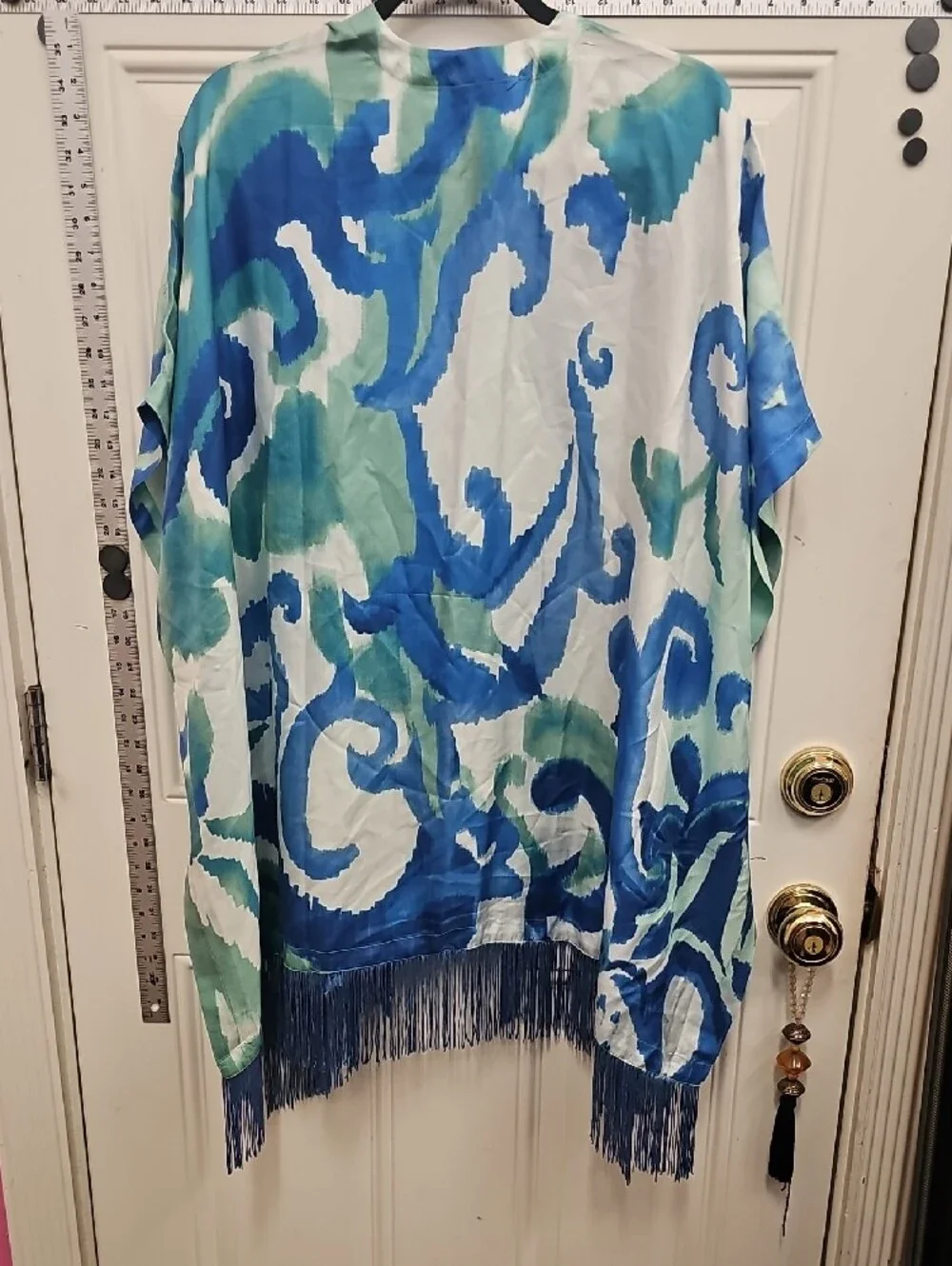 Chicos Teal & Blue Watercolor Fringe Kimono, Cover-Up, Silk, Summer, Wedding,